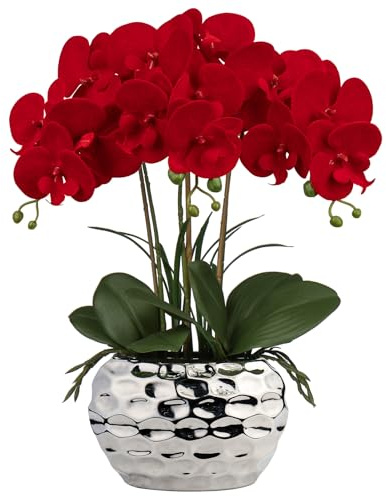Briful Red Orchid Artificial Flowers 18 Large Silk Orchid with Silver Ceramic Pots Fake Orchid Arrangement for Home Office Bathroom Living Room Table Decoration