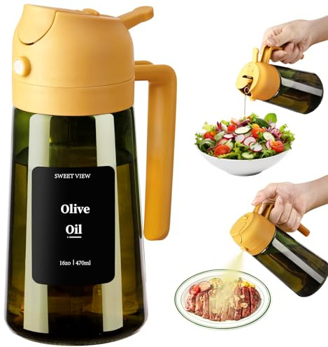 SWEET VIEW Olive Oil Dispenser and Sprayer – 16oz/470ml Glass Light-Proof Pour Bottle, Kitchen Gadgets Accessories for Air Fryer, Cooking, Salad, and BBQ