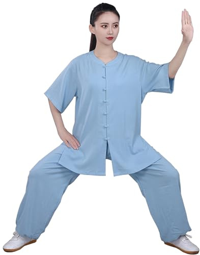 Uniforme de Tai Chi para Mujer, Traje Tradicional Chino de Kung Fu, Ropa de Artes Marciales de Manga Corta para Meditación Zen, Wing Chun/Uso Diario en Casa,Blue-S