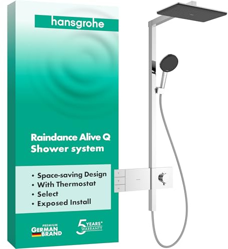 hansgrohe Raindance Alive Q - Duschsystem med termostat, Regndusch (340 x 210 mm), Duschset med handdusch (3 stråltyper), duschslang, duschstång och huvuddusch (2 stråltyper), krom, 24590000