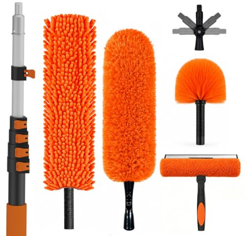 SISUPASSIE 30FT Reach High Ceiling Duster Kit, Window Cleaning kit with 5-24FT Extension Pole, Fan Duster for Ceiling Fan Blades, Microfiber Feather Duster, Rotatable Window Squeegee and Cobweb Duster