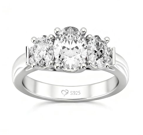 Jeulia Classic Moissanite Three Stone Ring - 925 Sterling Silver Oval Cut Engagement Wedding Promise Ring for Women,Simulated Diamond, Anniversary Valentine Jewelry With GiftBox (Silver, Q-½)