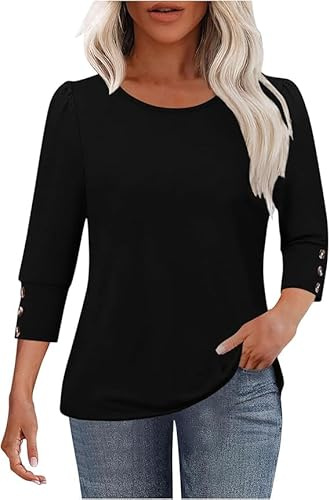 Womens 3/4 Length Sleeve Tops Trendy Crewneck with Buttons Dressy Blouses Casual Beach Vacation Spring Clothes (Black,XX-Large)