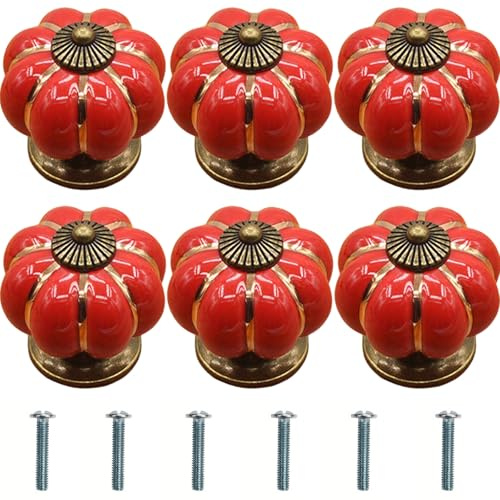 Bikasun 6 pomos para muebles con forma de calabaza rojos, pomos vintage de cerámica, pomos para armarios con tornillos, tiradores para cajones de armarios, cómodas