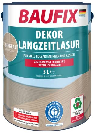 BAUFIX Decorazione a lungo termine grigio argento, lucido, 5 litri, vernice per legno, per interni ed esterni, per molti legni duri