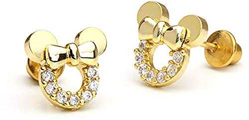 Kaguyo Pendientes de Minnie Mouse, Plata de Ley 925 Chapada en Oro, Amatista, Blanco, Azul, Rosa, Circonita Cúbica, Pendientes de Mickey Mouse para Mujeres y Niñas, Regalo de Cumpleaños (Oro Claro)