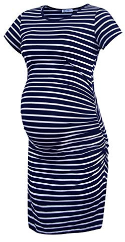 Smallshow Robe de Maternité à Manches Courtes pour Femmes Vêtements de Grossesse Froncés,Navy Stripe,XL
