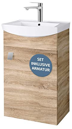 Planetmöbel Badmöbel Set Waschtisch mit Unterschrank 45 x 60 x 33 cm mit Waschtischarmatur Chrom für Badezimmer, Gäste WC & Bad, Sonoma Eiche
