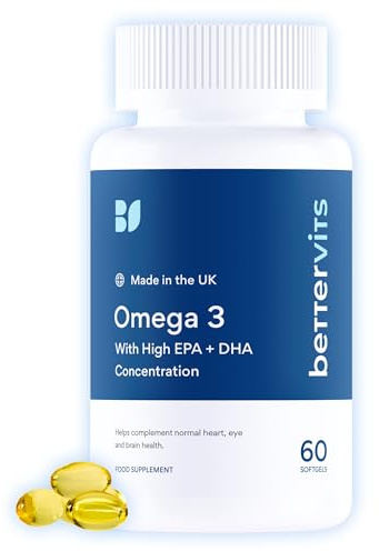 Bettervits Omega 3 Capsules High Strength - 33% EPA & 22% DHA | Omega 3 Fish Oil Nutritional Supplements - Supports Overall Well-Being: Heart, Eye, Skin & Bone Health | 60 Easy-to-Swallow Capsules