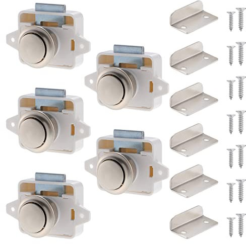 HSEAMALL 5PCS Cerraduras de pestillo de botón, Cerraduras de pestillo de cajón de armario Pomo de cerradura de puerta sin llave para caravana autocaravana autocaravana furgoneta barco, blanco y níquel