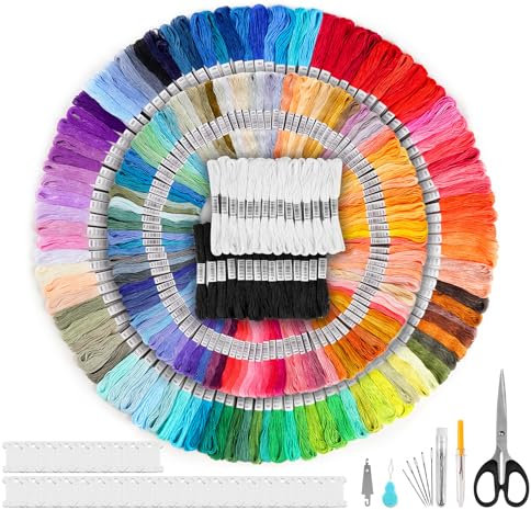 289 Stück Embroidery Floss,200 Farbige Embroidery Thread und 30 Schwarz-Weiße Fäden, Stickgarn Set mit 30 Drahtplatte,2 Nadelfädler,Gewinde Entferner,Sticknadeln und Scheren für DIY Kunst Nähgarn