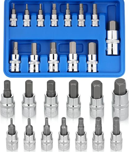 Nutmanel Juego de Llaves de Vaso Hexagonales,13pcs Llaves de Vaso en acero de aleación S2, Llave Allen Puntas Hexagonales, con Adaptadores de Vaso 1/2 3/8 1/4, para llave Dinamométrica y Talatro