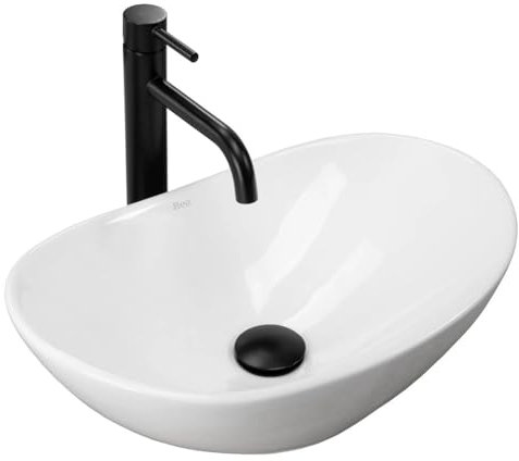 GTM Design Keramik Aufsatzwaschbecken Oval - Modernes Waschbecken fürs Badezimmer - Weiß - 48x30,5x14,5 cm