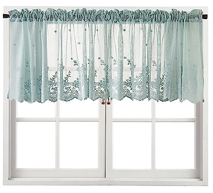 Lace Tier Curtain with Rod Pocket for Kitchen or Bathroom Windows, White Lace Valance - 130 x 41 cm (Green)