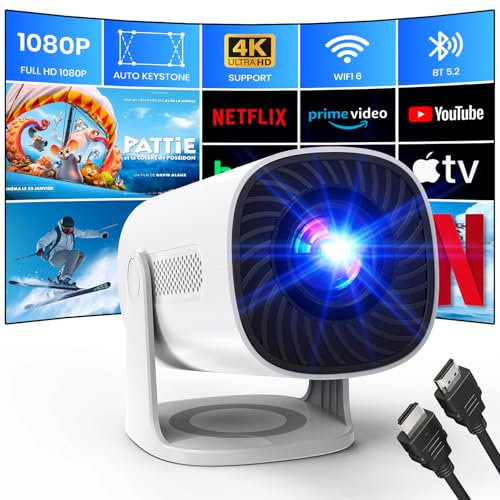 Mini Proiettore 4K 1080P proiettore con Modalità Stella WiFi 6 y Bluetooth Proiettore con Apps e Android TV OS, Auto Keystone Altoparlanti stereo, Compatible con TV Stick/Smartphone/HDMI, Bianco