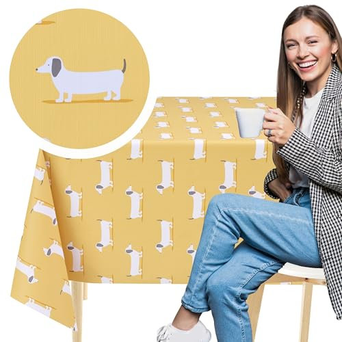 KP HOME Yellow PVC Table Cloth Wipe Clean Tablecloth with Cute Sausage Dogs - Rectangular 78.7x 55.1 200x140 cm Plastic Table Cover with Dachshunds Oilcloth Wipeable and Waterproof Vinyl Protector