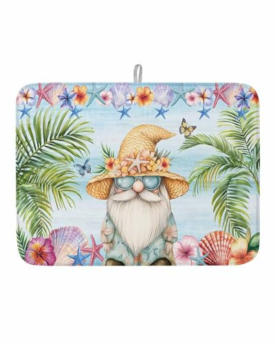 Dish Drying Mat for Kitchen Counter, Summer Coastal Dwarf Palm Tree Absorbent Microfiber Dish Drying Pad Set of 1, Blue Ocean Starfish Coffee Mat Dishes Drainer Mats for Countertop