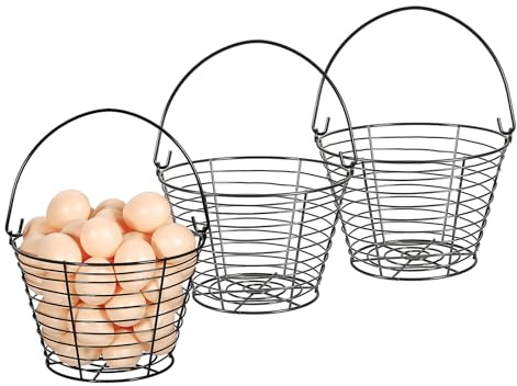 OGANAZI 3 Stück Eierkorb aus Draht Rund Eiersammelkorb Schwarz Metall Drahtkorb Aufbewahrungskörbe mit Tragegriff Küche Gitterkorb Klein Modern Brotkorb Mehrzweck Sammelkorb Obstkörbe Gemüsekorb