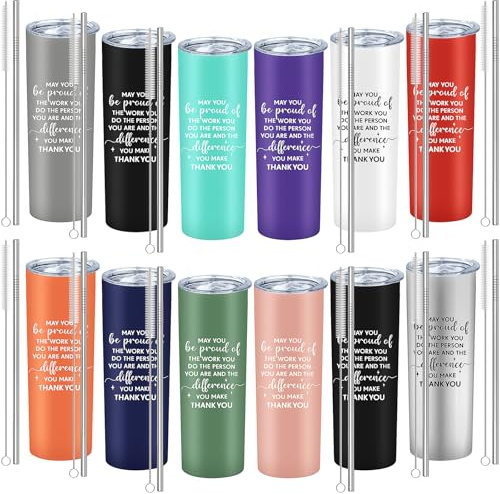 Xaztr 12 Pack Stainless Steel Tumbler Bulk, 600ml Insulated Vacuum Travel Coffee Mug Double Walled Tumbler with Lid and Straw for Cold Hot Drinks, Inspirational Christmas Thank You Gifts