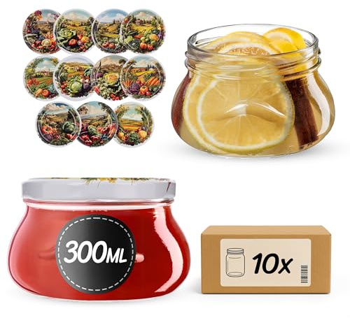 KADAX Tarros de mermelada de 300 ml con tapa de rosca fi82 mm, tarros pequeños para miel y especias, tarros de mermelada con tapa, tarros herméticos para regalar (caja de verduras, 10 unidades)