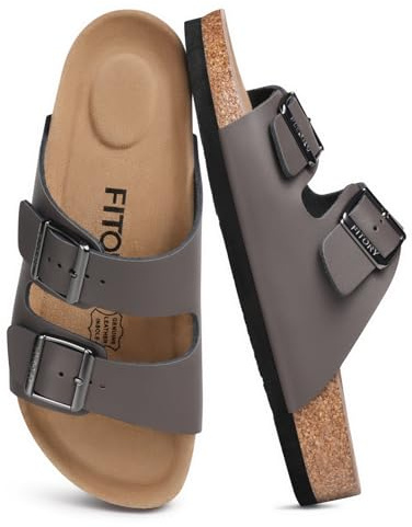 FITORY Mens Leather Sandals, Cork Footbed Slides for Summer Grey Size 9.5