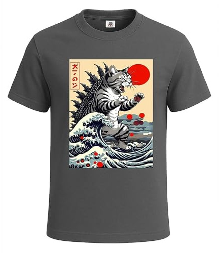 Catzilla katt japansk rolig t-shirt för män roligt skämt nyhet gåva t-shirt topp