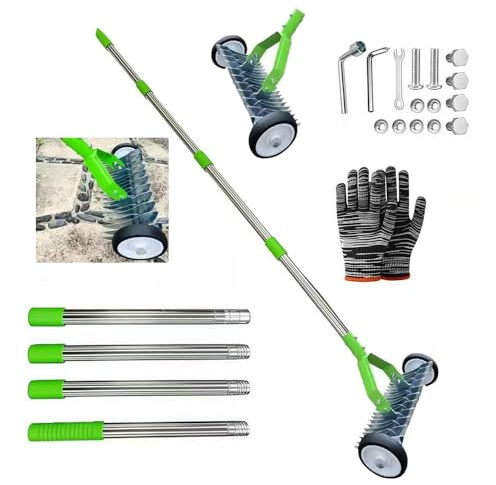 Scarificatore manuale con manico, 165 cm, scarificatore a mano con ruote, rastrello da taglio in metallo, da giardino, rimovibile, regolabile, per giardino, cortile