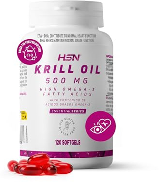 HSN Krill Oil : Huile de Krill 500mg, Source d'Omega 3 (DHA, EPA), Avec Astaxanthine et Phospholipides - Antioxydant puissant - Matière première RIMFROST, Sans Gluten, Sans Lactose, 120 billes