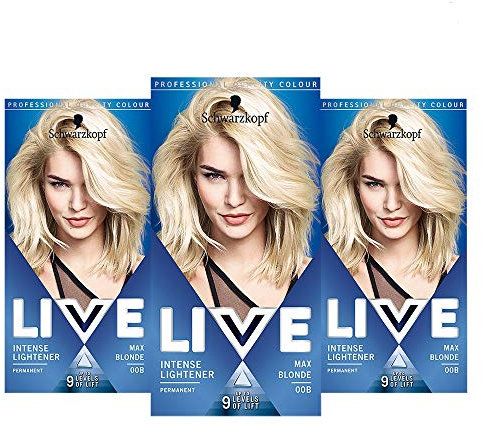 Schwarzkopf Live Intense Blonde Lightener, 3-Pack Permanent Lightening Colour with Anti-Yellowing, 00B Max Blonde