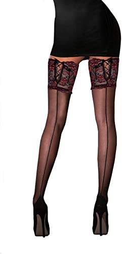 Bas Voile Noir Couture Dentelle Motif Floral Rouge Lacet AutoFixant - Taille unique (T1 à T3)