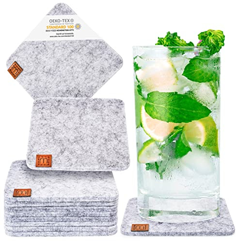 Miqio® Design-glasunderlägg, filt och läder, tvättbara, set med 10 dryckesunderlägg med äkta läderapplikation