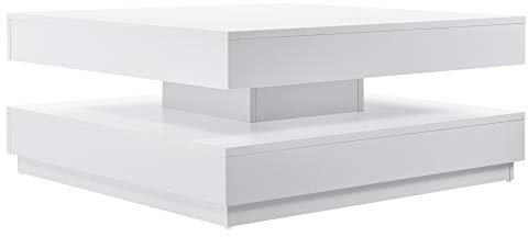 [en.casa] Table Basse avec Plateau Carré Pivotant et Étagère Inférieure Table d'Appoint Design Intemporel pour Salon Chambre Panneau de Particules 76 x 76 x 38 cm Blanc