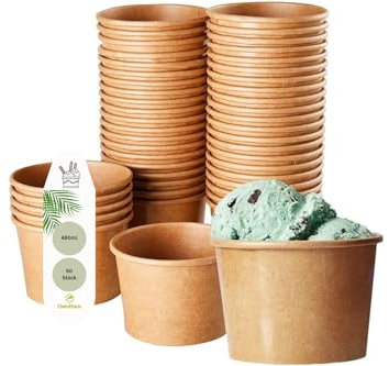 DeinPack 50 Eisbecher 480 ml | Umweltfreundliche Universal Karton für EIS, Eisbecher Pappe, Dessert, Fingerfood, Vorspeisen, Snacks I Speisebecher braun unbedruckt rund