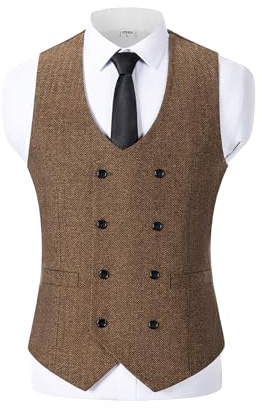 Traje de hombre anual chaleco de dos filas de lana Tweed chaleco para boda Groomsmen, marrón, XL