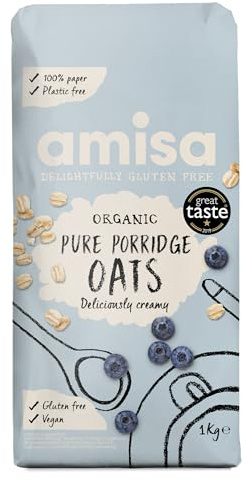 Amisa Organic Gluten-Free Porridge Oats, 1kg - Batch Tested, High Fibre, 100% Recyclable Paper Packaging - Ideal for Breakfast, Cooking & Baking , Pack of 1