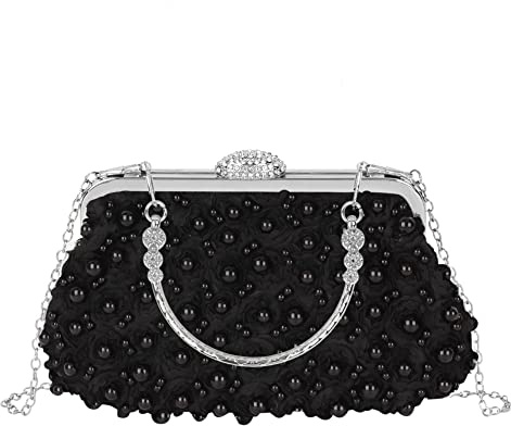 MilyaDE Bolso de mujer con perlas y flores con diamantes de imitación para boda, novia, dama de honor, bolso de fiesta, bolso de noche, bolso de hombro con asa, A-negro., 23*5*13cm
