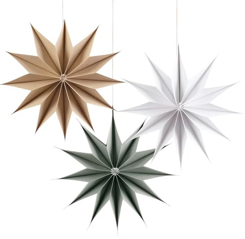 SUNBEAUTY Paper Christmas Stars Lanterns, 3Pcs 30CM 12-Pointed Star Christmas Tree Decorations, Grey Original Wood Colour White Paper Stars, Christmas Hanging Wedding Home Christmas Decoration