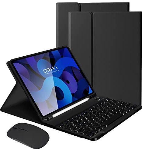 LAMA Trådlöst tangentbordsfodral med mus för 10,9 tums iPad Air 2020 (4:e generationen), 11 tums iPad Pro 2020 (2:a gen), iPad Pro 2018 (1:a gen) Bluetooth-tangentbord, skyddande fodral med mus, svart