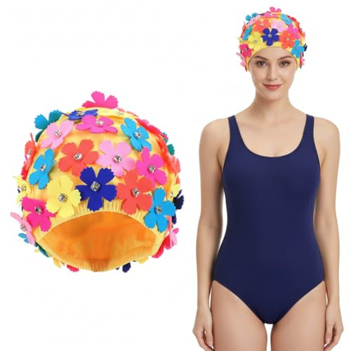 Veemoon Women Floral Swim Cap, Retro Faric Flower Petal Bathing Cap Fashionable Swimming Hat with Three-Dimensional Flower and Rhinestones for Lady Girls Long/Short Hair Bathing SPA Swim Party Gift