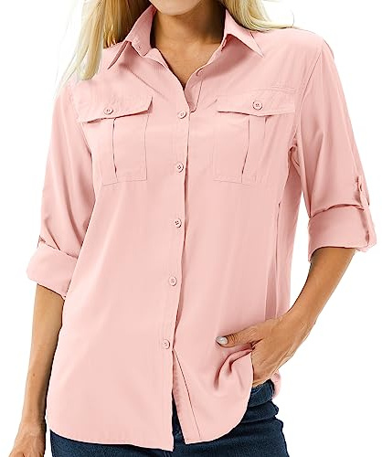 Camicia Blusa da Donna UPF 50+ Maglietta UV Protezione Solare Abbigliamento Safari Blusa da Escursionismo da Donna Manica Lunga Traspirante All'aperto Fresca Asciugatura Rapida Top Sportivi, rosa, S