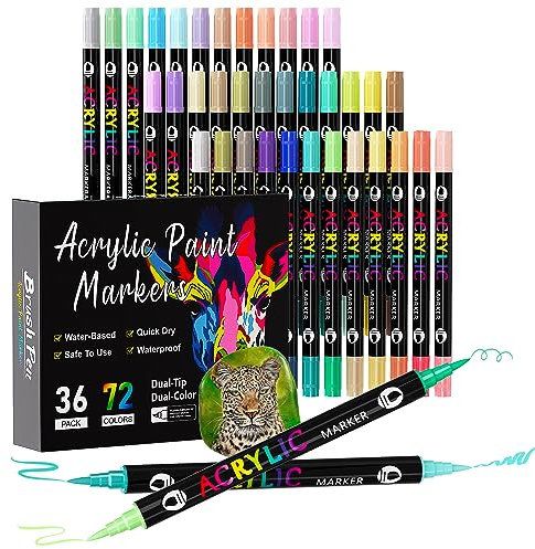 Sonlaryin Rotuladores Acrilicos 72 Colores 36 Piezas, Rotuladore de Pintura Acrílica Doble Punta con Fina y Pincel, Rotuladores para Roca, Cristal, Cerámica, Plastico, Tela, Metal