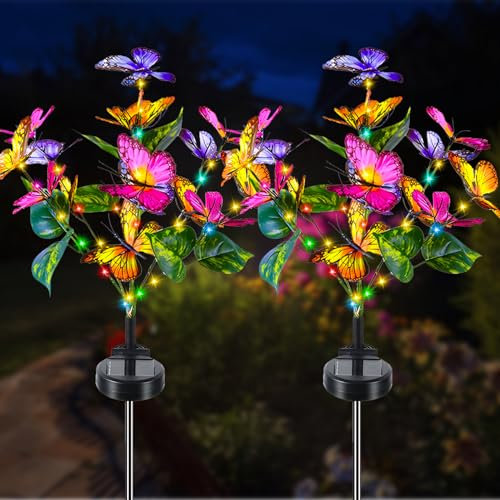 Lumière Solaire Jardin, 2 Pièces Fleur Papillon Lampe Solaire Extérieure 2 Modes Étanche Paysage Lampe Eclairage pour Chemins Lumière Décoration de Jardin Patio, Mariage, Noël, Pelouse, Terrasse