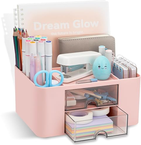 RISEMART Desk Organiser with 2 Drawers, Desk Tidy Organiser with Pen Holder, Large Capacity Desktop Organizer Stationery Storage Box for School Office Home Makeup Desk Supplies (Pink)