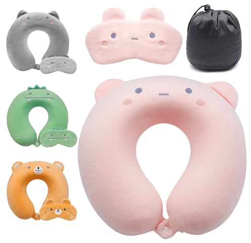 Lookka Almohada de Vaje, Bonita Almohada de Cuello para Niños, Almohada de Espuma Viscoelástica Parael Cuello (Funda Lavable) con Bonita Máscara para Dormir Enel Avión, Reposacabezas de Viaje