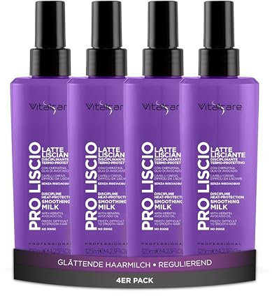 Vitalcare | PRO Liscio - Latte Lisciante, Protezione dal Calore di Phon e Piastra, Azione Anticrespo, con Cheratina e Olio di Avocado, 4 Spray da 125 ml