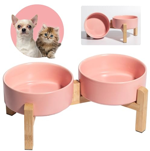 Juego de cuencos elevados de cerámica para perros, cuencos elevados con soporte de bambú antideslizante, platos pequeños para mascotas para alimentos y agua, ideal para gatos y cachorros, 16 onzas, 2