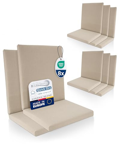Beautissu 8er Set Premium Niedriglehner Auflage 100% Wasserdicht 100x50cm – UV-beständig Bequem Pflegeleicht Waschbar Sitzkissen Gartenstuhl – Polsterauflage Gartenmöbel Stuhlauflage Beige