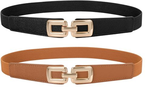 JasGood 2 Stück Dünn Elastisch Gürtel für Damen Dünne Taille Dehnbar Gürtel mit Metall Schnalle für Kleid Jeans Hose