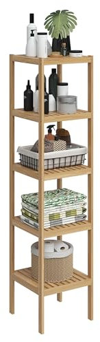 Bellamio Newa Badregal – Bambus Regal mit 5 Ablageflächen – Badezimmerschrank lackiert – Holzregal stehend für Badezimmer – Standregal schmal – offener Badschrank Natur – Badezimmermöbel 140x33x33 cm