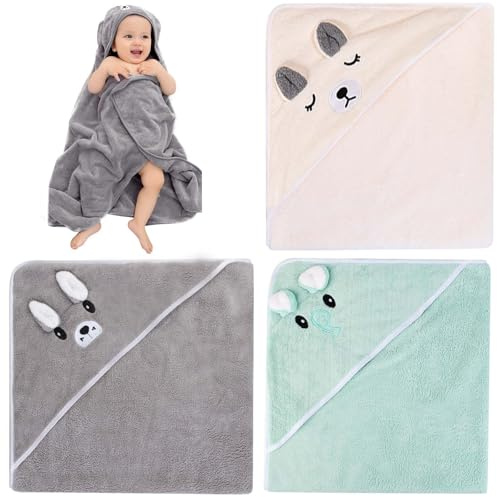 Leikurvo 3 st huvhandduk babyhandduk: 105 x 105 cm baby badhandduk set tvättlappar första utrustning babyhandduk med huva, mjuk unisex babypresenter för nyfödda (grå, ljusgrön, krämfärgad)
